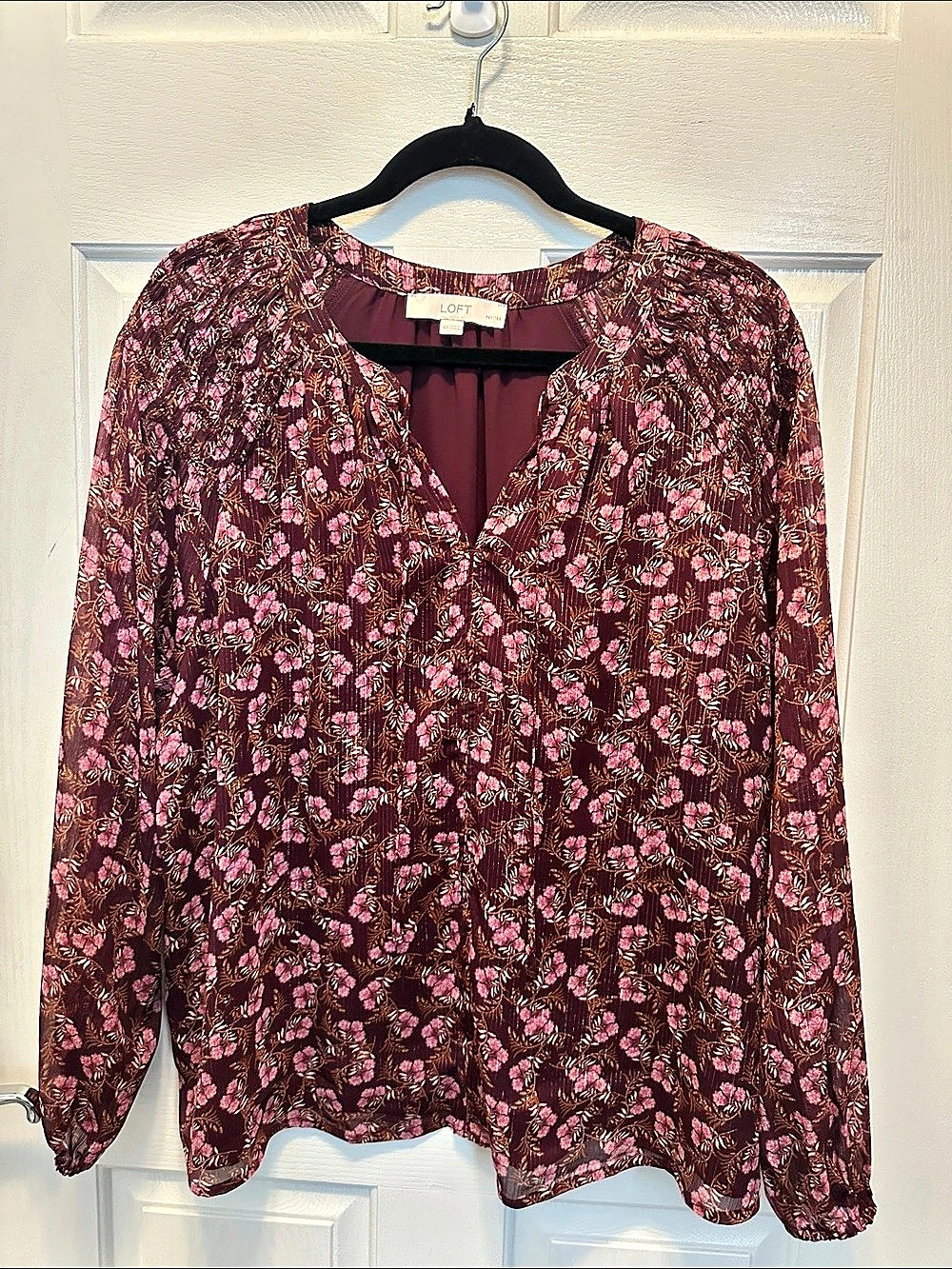 LOFT Floral Blouse in Burgundy & Pink Size Medium